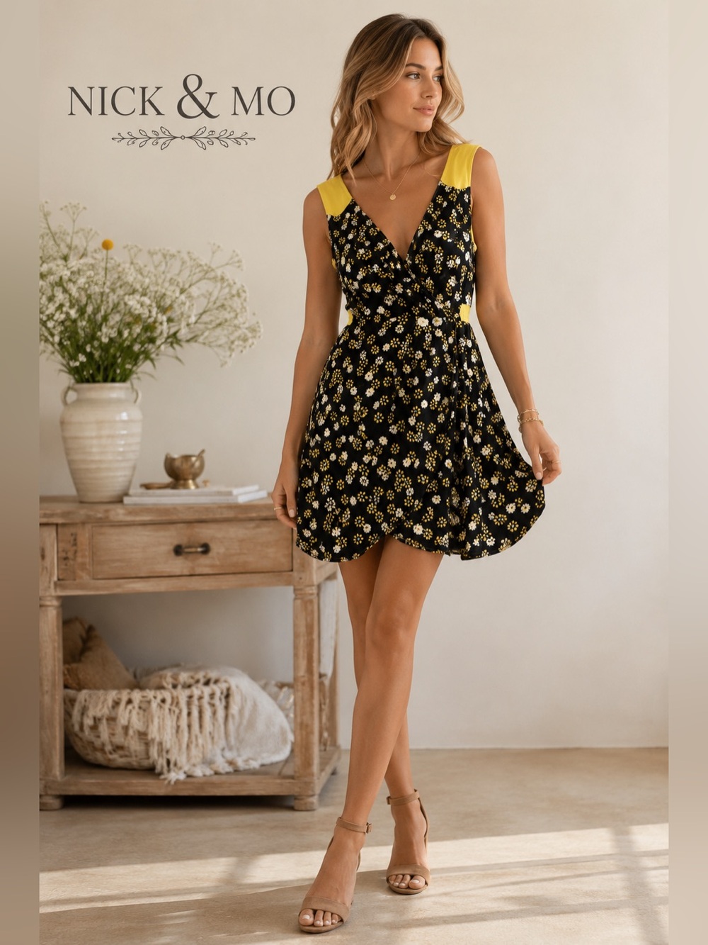 Nick & Mo Black Yellow Daisy Floral Faux Wrap Dress L Women’s Boho Cottagecore